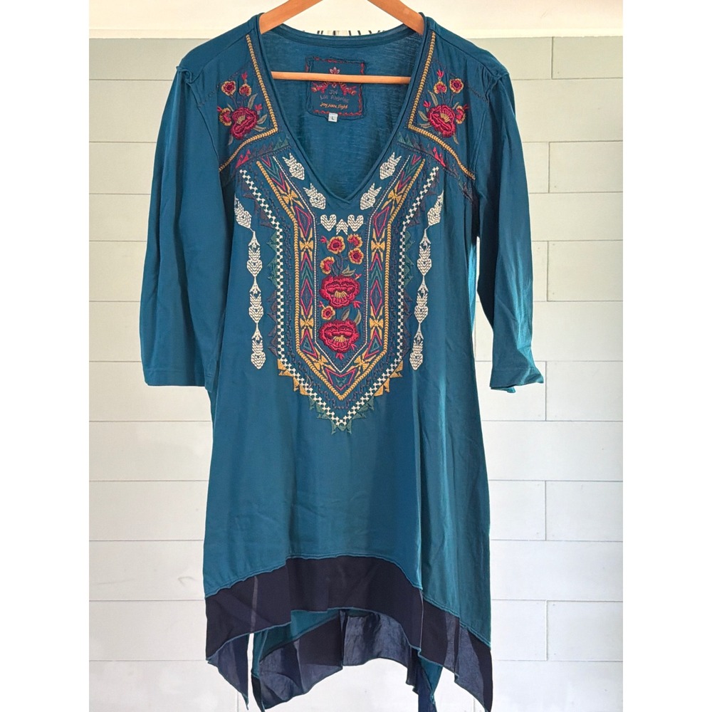 JW Los Angeles Johnny Was Teal Embroidered Boho Tunic Top Large Handkerchief Hem